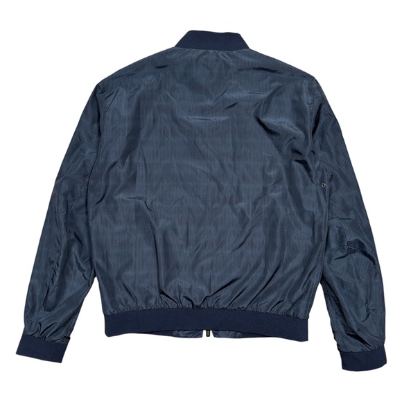 Armani Collezioni Windbreaker Blouson Leather Trim Striped Blue Jacket Mens 46 - Picture 2 of 13